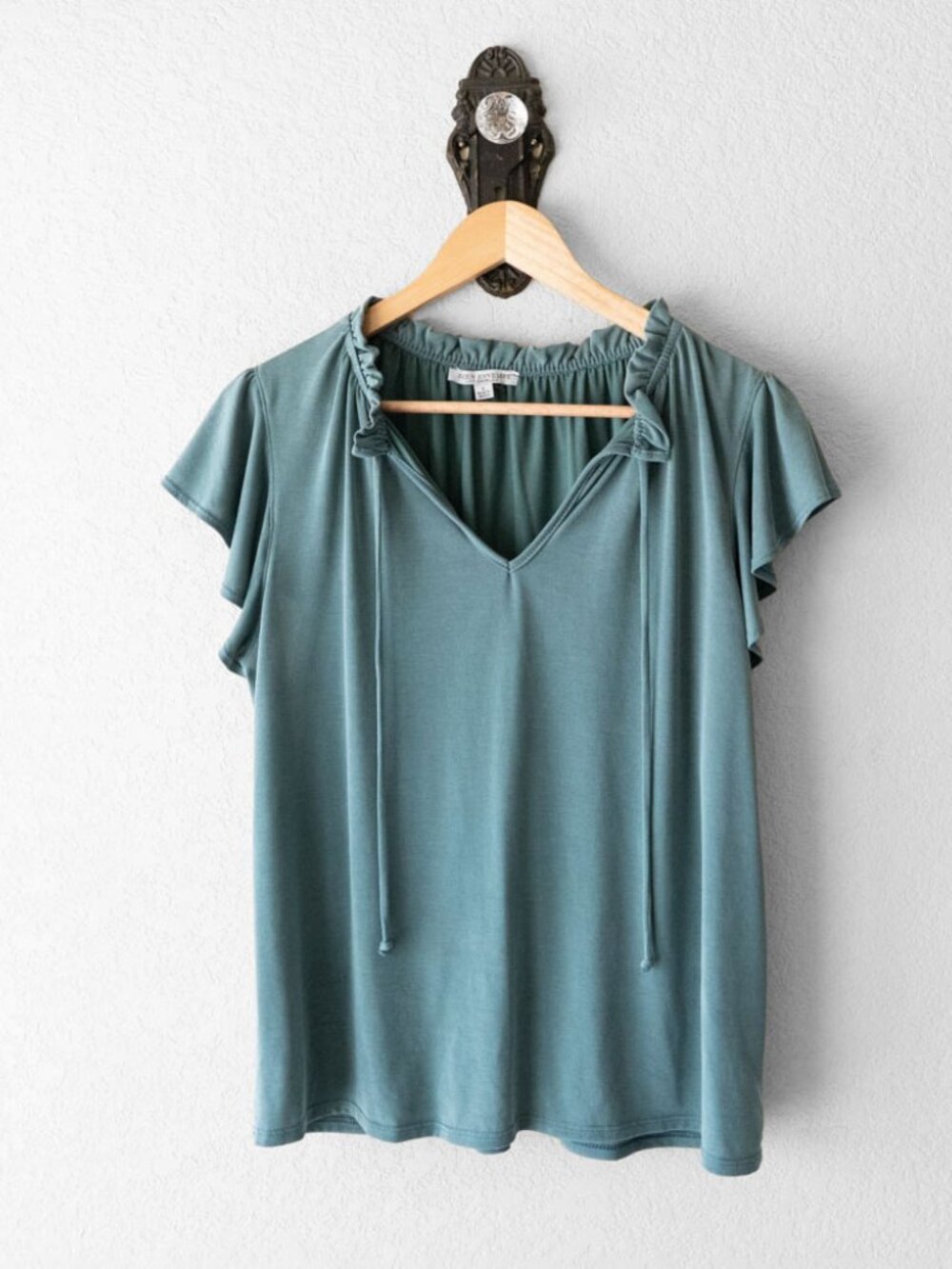 Green Envelope Womens L Teal Flutter Sleeve Top Ruffle Neck Tie Boho Blouse - Picture 2 of 14